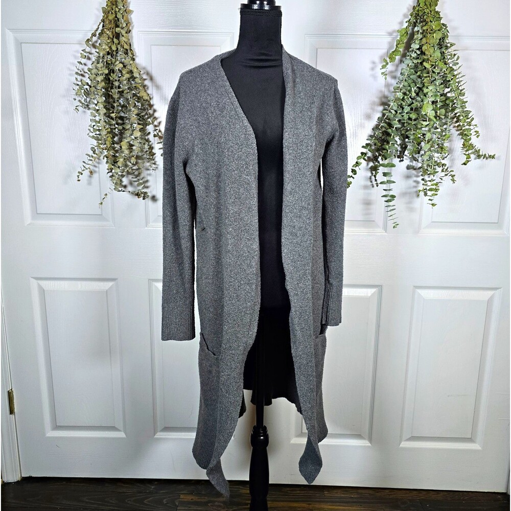 a.n.a Women's Gray Knit Open Front V-Neck Long Sleeve Pocket Cardigan L